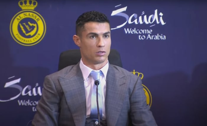 Cristiano Ronaldo pictured at a press conference at Mrsool Park ahead of his grand unveiling in front of Al Nassr fans in January 2023
